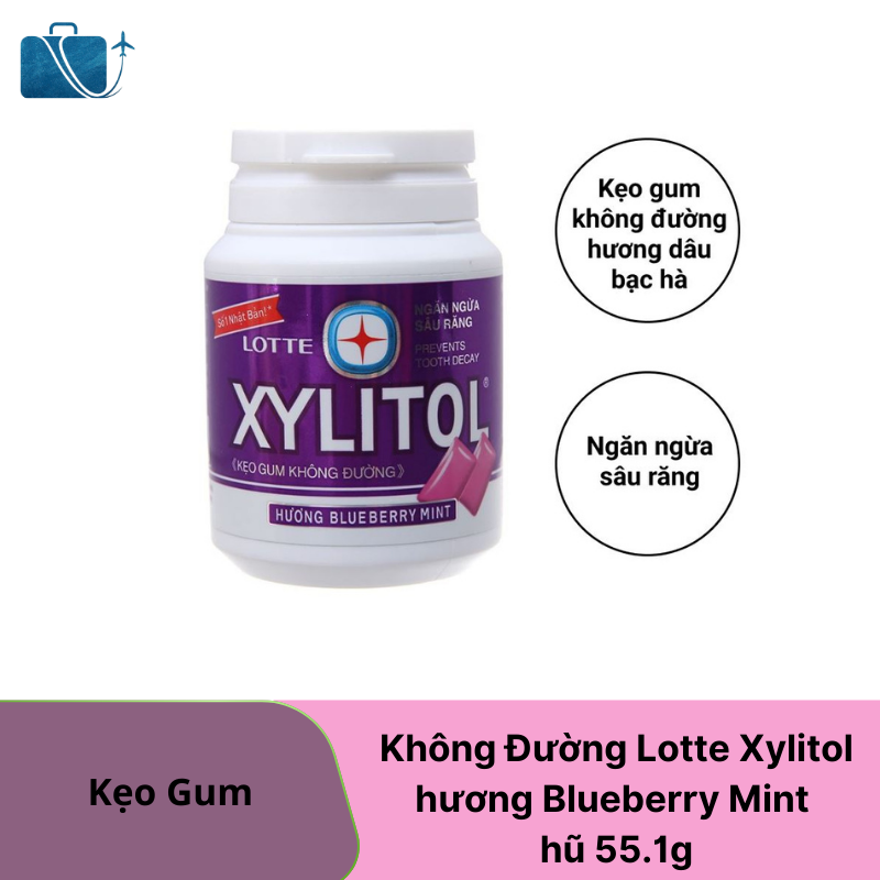 Kẹo gum không đường Lotte Xylitol hương Blueberry Mint hũ 55.1g