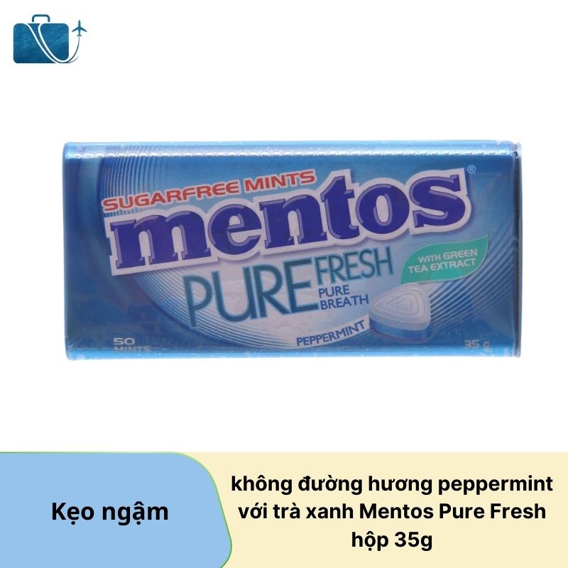 Kẹo ngậm không đường hương peppermint với trà xanh Mentos Pure Fresh hộp 35g