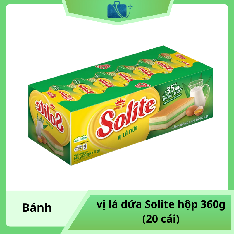 Bánh Bông Lan Cuộn Kem Vị Lá Dứa Solite – Hộp 360g (20 cái) | Mềm Mịn – Thơm Lá Dứa – Ngọt Nhẹ Vừa Ăn