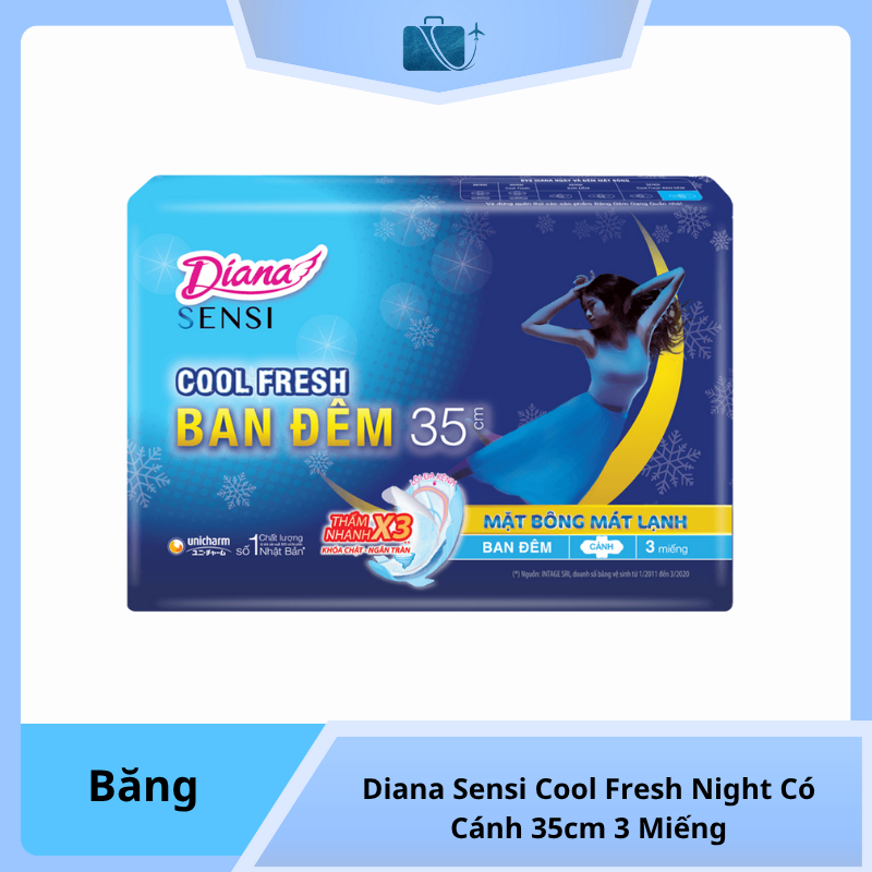 Băng Vệ Sinh Mát Lạnh Ban Đêm Diana Sensi Cool Fresh Night Có Cánh 35cm 3 Miếng