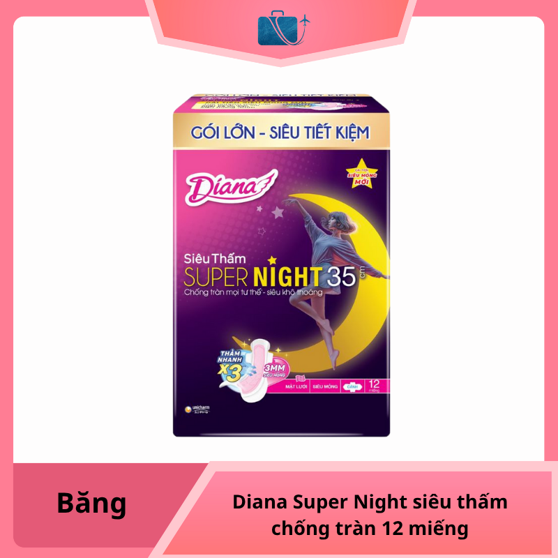 Băng vệ sinh ban đêm Diana Super Night siêu thấm chống tràn 12 miếng