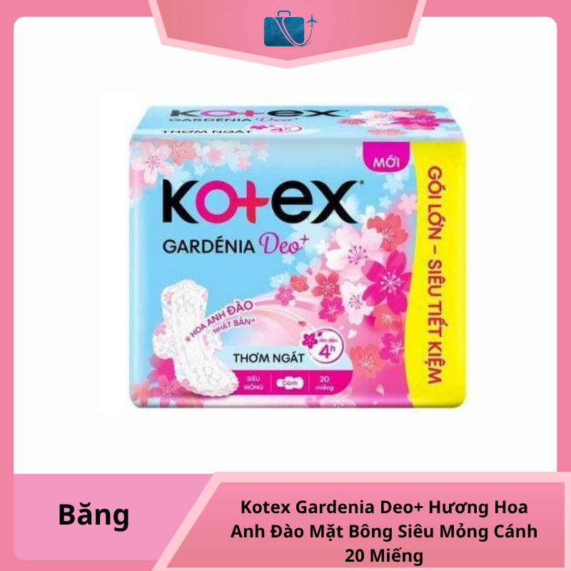 Băng Vệ Sinh Kotex Gardenia Deo+ Hương Hoa Anh Đào Mặt Bông Siêu Mỏng Cánh (Gói 20 Miếng)
