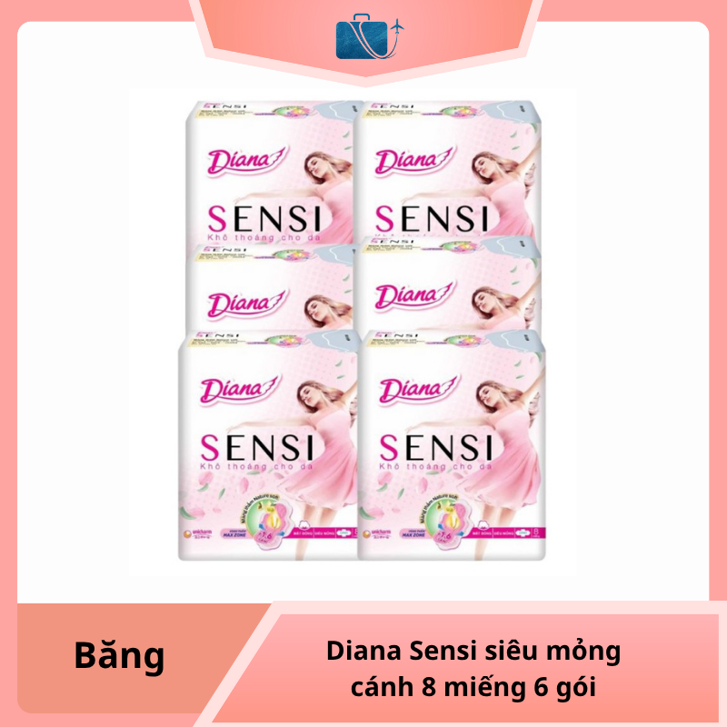 Lốc 6 gói băng vệ sinh Diana Sensi siêu mỏng cánh 8 miếng