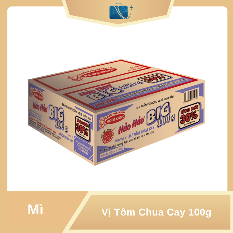 Thùng 30 Gói Mì Big 100 Hảo Hảo Tôm Chua Cay 100g