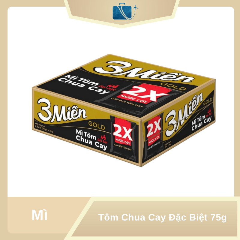 Thùng 30 Gói Mì 3 Miền Gold Tôm Chua Cay Đặc Biệt 75g