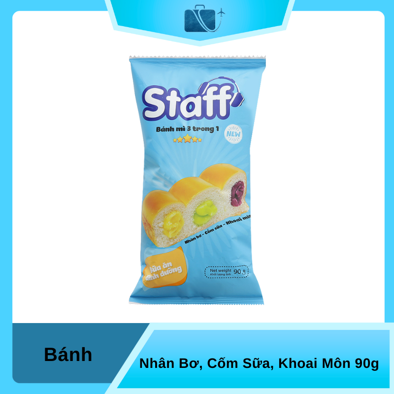 Bánh Mì STAFF 3 Trong 1 Nhân Bơ, Cốm Sữa, Khoai Môn 90g