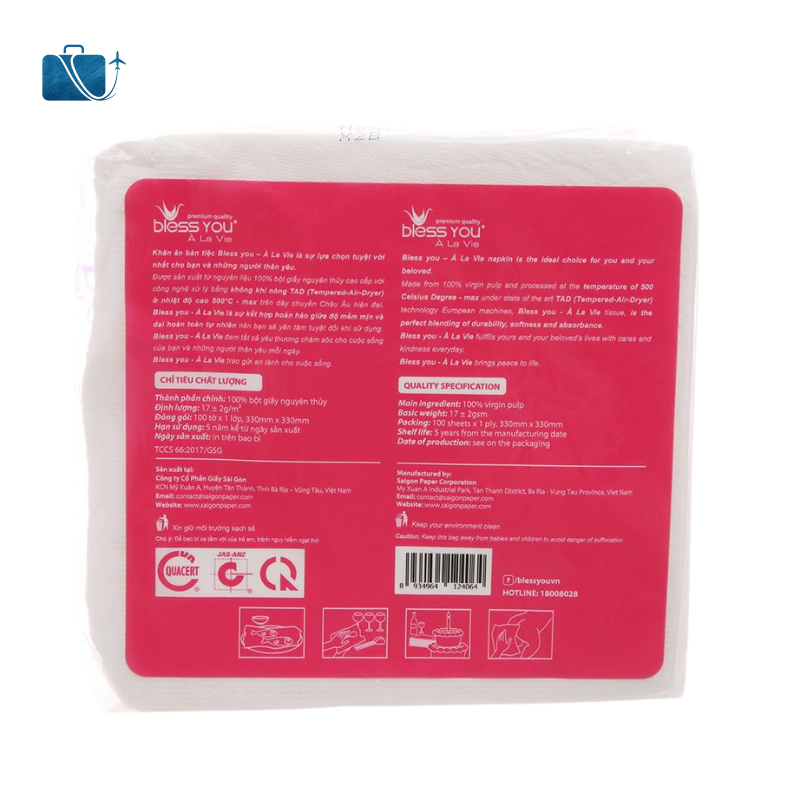 Khăn Giấy Ăn Bless You À La Vie 1 Lớp 100 Tờ (33x33cm) 2