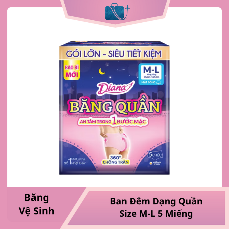 Băng Vệ Sinh Diana Sensi Ban Đêm Dạng Quần Size M-L 5 Miếng