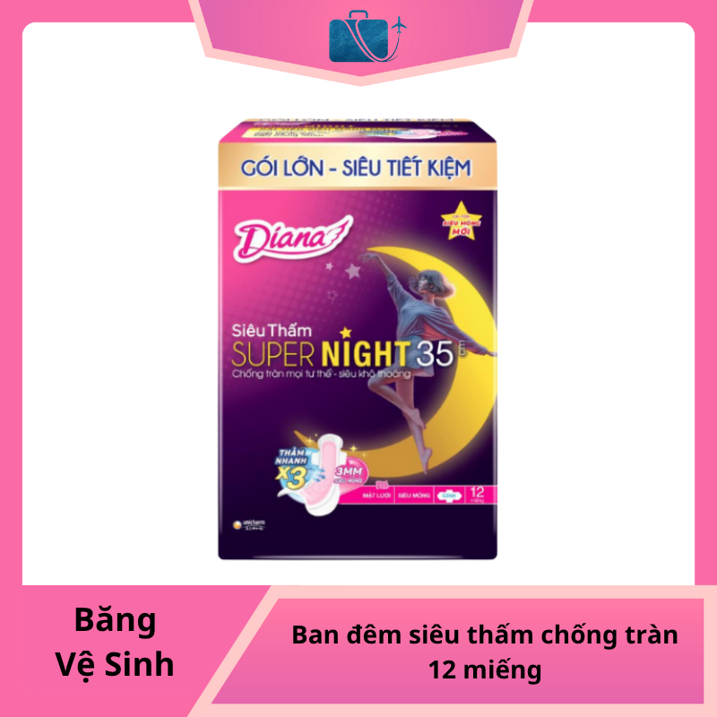 Băng vệ sinh ban đêm Diana Super Night siêu thấm chống tràn 12 miếng